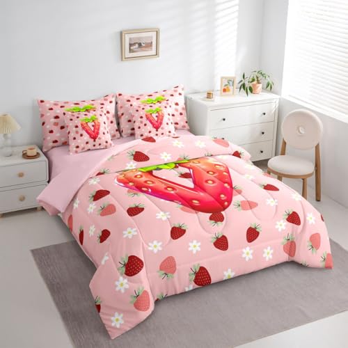 Image of Feelyou Girls Strawberry Full Comforter Set with Sheets for Kids Boys Girls Pink Strawberry 7 Pieces Bedding Set Initial Letter V Bed in a Bag Room Decor Soft Lightweight Microfiber