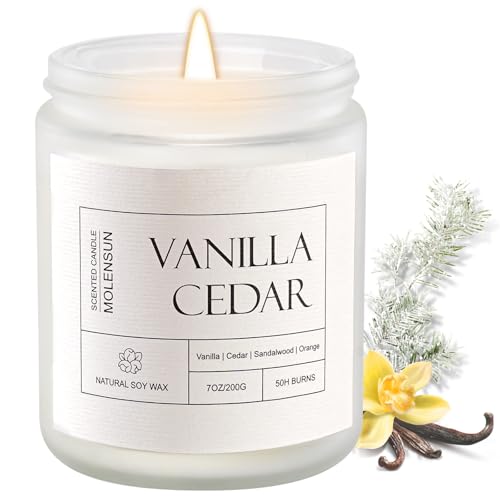 Molensun Vanilla Cedar Candle, Birthday, Christmas & Holiday Soy Scented Candle, Cozy Winter Gift for Women, Aromatherapy Jar Candle 7 oz, Long Lasting Long Clean Non-Toxic Burn, Home Decor