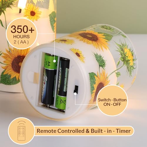 Image of Sunflower Glass Flameless Pillar Candles with Remote, Flickering LED Battery Candles Summer Home Decor Set of 3