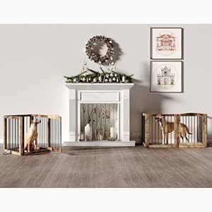 Folding Pet Gate 96" Wide, 30" Tall No-Assembly Wooden Dog Gate with Door Walk Through, Freestanding Pet Gate, Puppy Safety Fence, with 2PCS Support - Rustic Brown