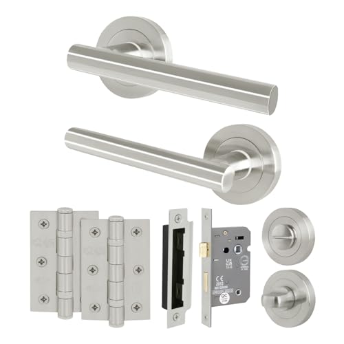 Image of EAI Bathroom Door Handle Set | Round T-Bar Internal Door Handles, Thumb Turn & Release Set, Lock & Hinges (76mm) | Oliena Range