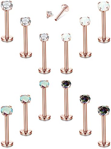 TEN MIRO 12PCS 16G Lip Rings Helix Tragus Earrings Stainless Steel Internally Threaded Labret Studs Cartilage 2/3/4MM Clear CZ/Opal Earrings Monroe Medusa Piercing Jewelry(Rose Gold-8MM)
