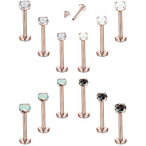 TEN MIRO 12PCS 16G Lip Rings Helix Tragus Earrings Stainless Steel Internally Threaded Labret Studs Cartilage 2/3/4MM Clear CZ/Opal Earrings Monroe Medusa Piercing Jewelry(Rose Gold-8MM) Cover