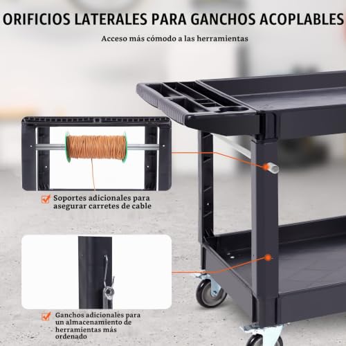 Miniatura 5 de Vevor Carrito De Servicio De Pp 116x65x85 Cm Carro Utilitario De 2 Niveles Capacidad Total De 250 Kg 125 Kg Estante Ruedas Giratorias 360 2 Con Freno Con Asa Para Almacén Garaje Limpieza
