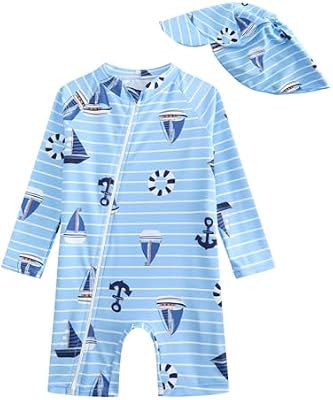 DivingBirds Baby Boy Rash Guard Swimsuit Set with Sun Hat – Long Sleeve Zip One‑Piece Toddler Bathin...