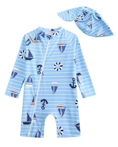 DivingBirds Traje de baño para niño, traje de baño para bebé, de una pieza, con cremallera diagonal, manga larga, de secado rápido, color azul claro, para 3 meses   3 años, Barco pirata, 2 3 Años