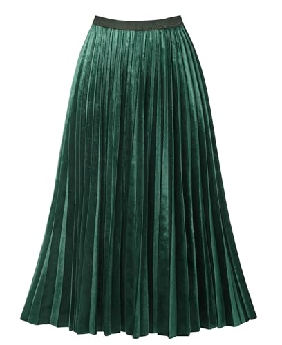 THHGPO Women's Pleated Skirts High Elastic Waist A-Line Swing Skirt Midi Length Velvet Deep Green S