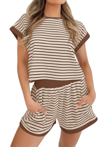Image of Tankaneo Womens Summer 2 Piece Sets Striped Short Sleeve T Shirts and Shorts Loungewear Matching Set