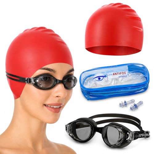 Image of GLAN Swimming Kit with UV Protection and Anti Fog Swimming Goggles and Cap Set Ideal for All Age Group Pack of 1 (Red Black)