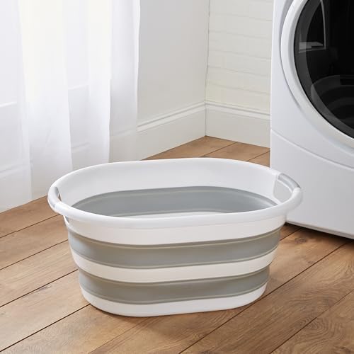 Image of Laundry 360 Collapsible Laundry Basket | Portable | Space Saver Storage | 27 Liter Capacity | Store Under the Bed or Closet | Good for Kids | Dorm | Bedroom | Large | White /Grey