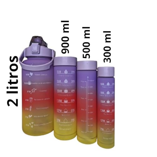 Kit 4 Garrafas De Água Squeeze Garrafa 2 Litros, 900 Ml, 500ML E 300ML Garrafinha Motivacional Com A