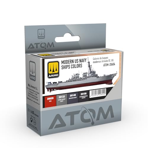 Mig Jimenez AMMO Set de Colores Acrílicos ATOM para Buques Modernos Armada EE.UU., 4 Colores de 20 ml, Pincel y Aerógrafo, ATOM-20604