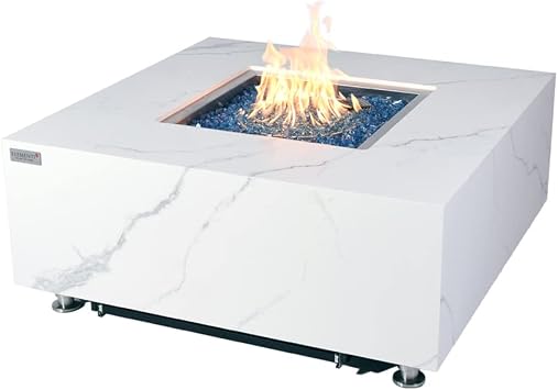 Bianco Marble Fire Pit 39.4" x 39.4" Outdoor Patio Firepit Includes Fire Glass Modern Fire Pits & Outdoor Fireplaces for Garden, Deck, Indoor & Outdoor Heating