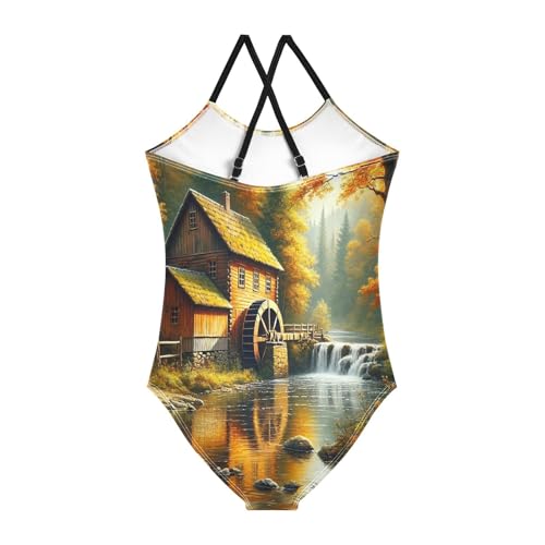 Fall Tree River House Swimsuit for Girls Bathing Suit One Piece Swimsuits Summer Beach Swimwear2