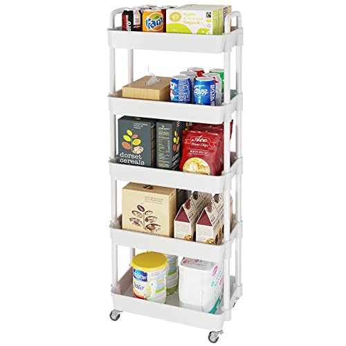 Laiensia 5-Tier Rolling Cart with Wheels,Multifunction Utility Storage Carts, Kitchen Storage Organizer,Mobile Shelving Unit for Bathroom,Laundry,with Classified Stickers,White by Laiensia - Used condition - US$26.21