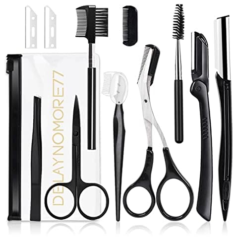 Eyebrow Razor Kit, 11 in 1 Professional Eyebrow Grooming Set, Including 3 Razors Trimmer,1 Tweezer,2 Scissors,2 Replacement Blades,1 Eyelashes Roller,1 Eyebrow Brush,1 Storage Bag Cover