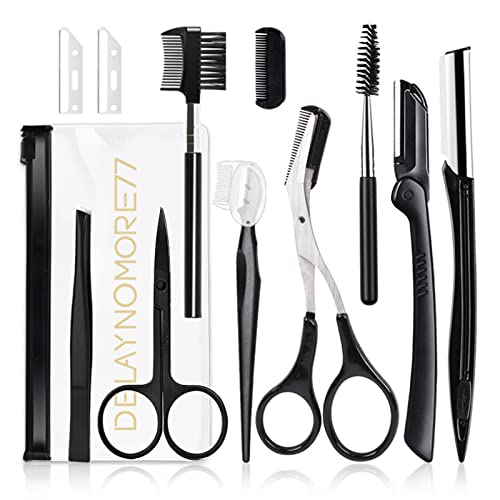 Eyebrow Razor Kit, 11 in 1 Professional Eyebrow Grooming Set, Including 3 Razors Trimmer,1 Tweezer,2 Scissors,2 Replacement Blades,1 Eyelashes Roller,1 Eyebrow Brush,1 Storage Bag