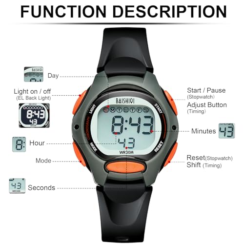 BAISHIOI Montre pour enfants numérique pour filles, garçons, adolescents - Montre de sport étanche pour extérieur avec affichage analogique pour enfants, bracelet en silicone, rétroéclairage EL – vue 8