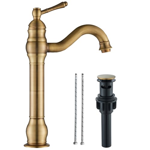 Senlesen Single Hole Lever Bathroom Waterfall Spout Vessel Sink Faucet with Pop Up Drain Without Overflow Antique Brass