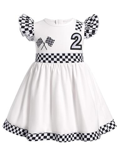 IDOPIP - IDOPIP Baby Girls 1st 2nd Birthday Outfit Race Car Driver Dresses Girls Racer Jumpsuit Toddler Racing Suit Fast One Birthday Party Pageant Tutu Dress for Cake Smash Photo Shoot White 2 18-24 Months