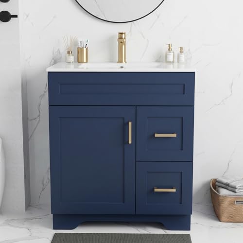 30" Bathroom Vanity with Sink, Freestanding Bathroom Sink Cabinet, Blue