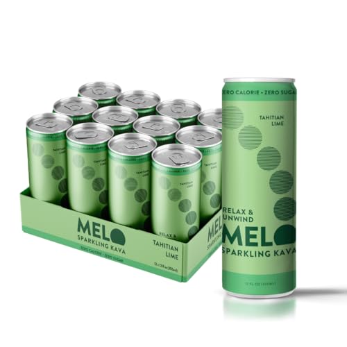 Melo Sparkling Kava Drink, Tahitian Lime, Sugar Free Non Alcoholic Drinks with Zero Calories, Gluten Free, Vegan, 100% Natural Mocktail with 750mg Kava Root per Drink, 12 Pack, 12 oz Cans
