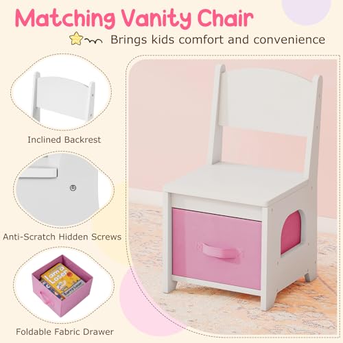 Image of Costzon Kids Vanity, Girls Vanity Set with Lighted Mirror, Bookshelf, Drawers, Hooks & Storage Shelves, Toddler Makeup Vanity Desk Dressing Table, Wooden Kids Vanity Table and Chair Set (White)