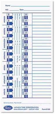 Lathem Time E100 Time Card for Lathem Models 900E/1000E/1500E/5000E, White, 100/Pack
