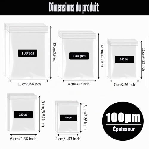 500 Pièces Sachet Plastique Transparent Zip 5 Tailles Petits Pochon Plastique Sachets Plastiques Refermables pour Bijouterie Confiserie Alimentaire Composants Électroniques – vue 2
