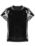 AIEOE Męski T-shirt z lakierowanej skóry, z krótkim rękawem, seksowna koszulka mięśniowa, błyszcząca, strój na imprezę, czarny A, L