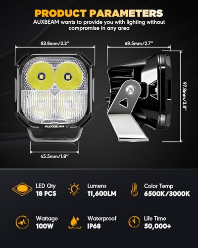 Image of Auxbeam Color Play Series 3 Inch LED Pods, Off Road Light with Amber White DRL & Turn Signal 100W Spot Flood Combo Beam Offroad Lighting Fog LED Cube Ditch Light for Jeep Truck ATV, 2 Years Warranty