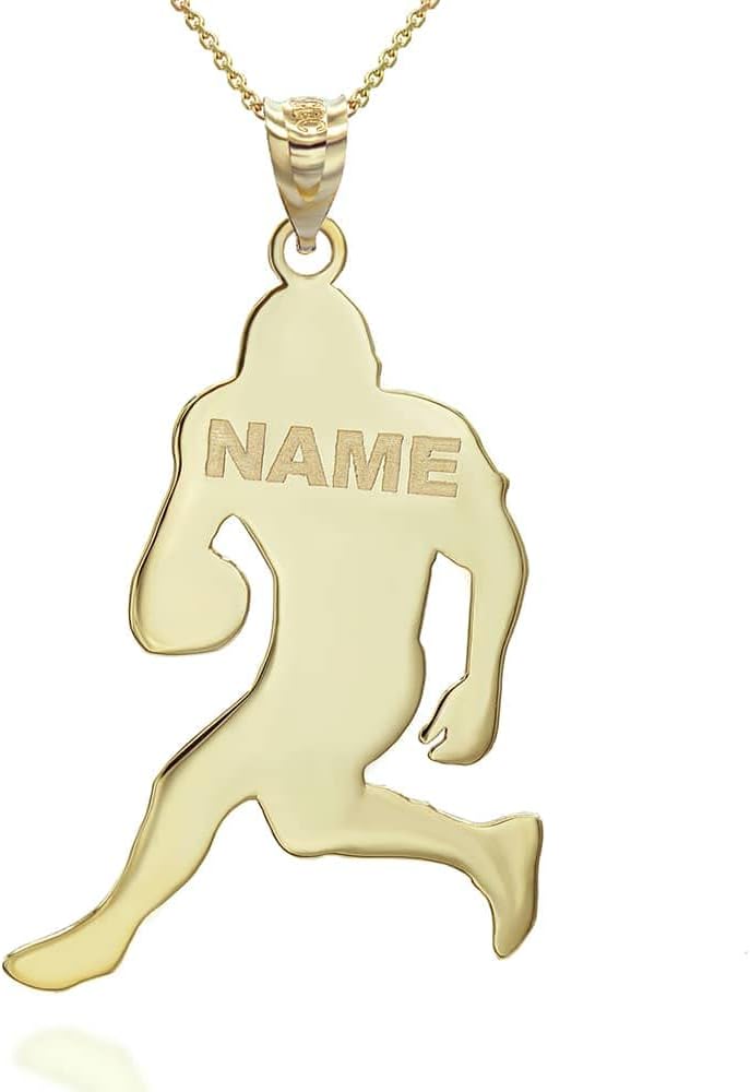 Certified 10K Yellow Gold Customizable Sports Football Player Name and Number Pendant Necklace with Personalized Engraving