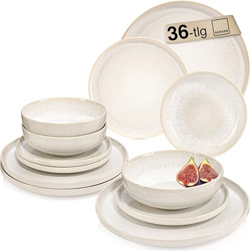 SÄNGER | Geschirrset Korfu 36 tlg, Tafelservice 12 Personen, Steingut Geschirr Handmade, Teller Set inkl. Essteller Dessertteller Tiefe Teller, Essgeschirr Creme Farben mit Sandiger Maserung
