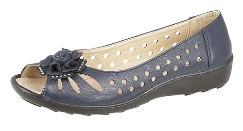 Boulevard Womens Wide Fit Leather Lined Open Peep Toe Flower Summer Shoes Blue 8