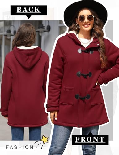 Yuson Girl Winterjacke Damen Fleecejacke Lang Warm Hornknopfjacke Einfarbig Wintermantel Kapuzenpullover Winter Cardigan Sweatshirt Damen Reißverschluss Kapuzenjacke mit Knopf(Weinrot, L)
