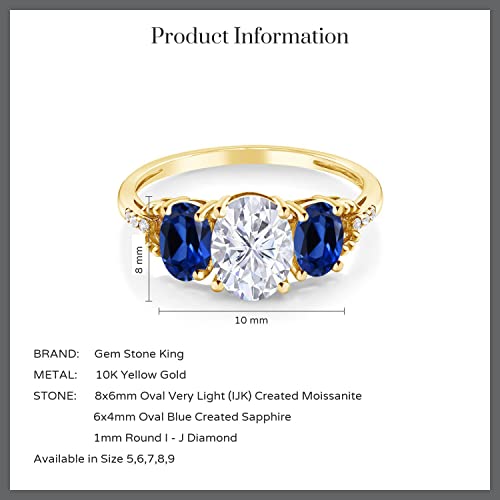 Gem Stone King 2.74 Cttw 10K Yellow Gold 3-Stone Ring for Women | White Moissanite Blue Created Sapphire and Diamond | Oval 8X6MM and 6X4MM | Available In Size 5-94