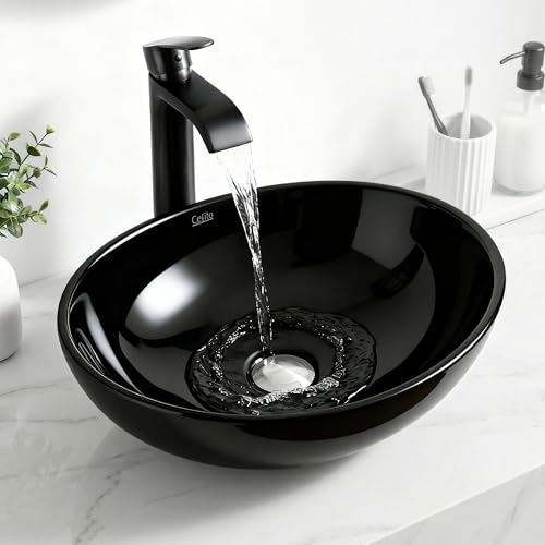 Cefito Bathroom Basin Vanity Sink, Ceramic Hand Wash Basins Vessel Bowl Above Counter Top, Oval Shape High Black Gloss Finish Home Improvement