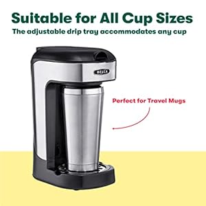 BELLA One Scoop One Cup Coffee Maker Single Serve Brewer with Adjustable Drip Tray and Permanent Filter Dishwasher Safe Stainless Steel and Black