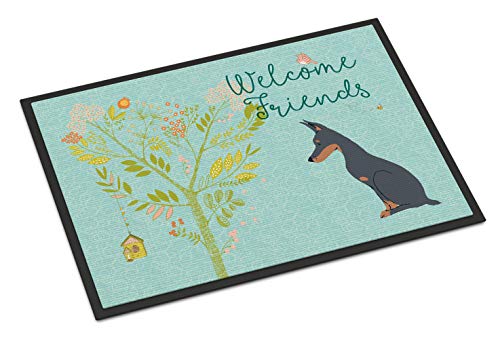Caroline's Treasures BB7586MAT Welcome Friends Doberman Pinscher Doormat 18x27 Front Door Mat Indoor Outdoor Rugs for Entryway, Non Slip Washable Low Pile, 18H X 27W
