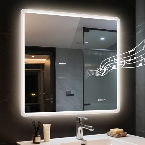 STARLEAD 36"x36" LED Bathroom Mirror with Bluetooth Speaker, Dimmable Lighting, 3 Color Temperature, Anti-Fog, Touch Control, Wall Mounted Vanity Mirror for Daily Routines