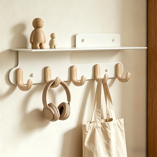 Deasolin Coat Rack Wall Mount with Shelf, Wall Hooks with 5 Hooks Entryway Hanging Shelf with Storage for Entryway, Bathroom, Bedroom, Mudroom, Modern Floating Wall Shelves with Hooks (Cream White)