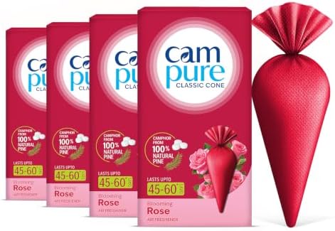 Campure Rose Camphor Classic Cone Air Freshener for Car, Bathroom, Wardrobe & Rooms | Long-Lasting Freshness up to 45-60 Days | Germ Protection | Camphor from 100% Natural Pine | Pack of 4