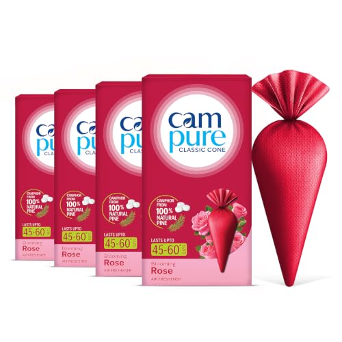 Image of Campure Rose Camphor Classic Cone Air Freshener for Car, Bathroom, Wardrobe & Rooms | Long-Lasting Freshness up to 45-60 Days | Germ Protection | Camphor from 100% Natural Pine | Pack of 4