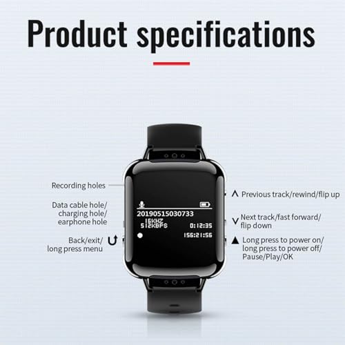 Smart-Recorder-Uhr, Voice-Recorder-Uhr, Sprachaktivierte Recorder-Uhr, MP3-HiFi-Wiedergabe, Sportuhr, Bluetooth 4.2 mit Weißer Schrift und Digitalem Bildschirm, One-Touch (4G)