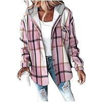 Flannel Plaid Jacket Women Trendy - Fleece Lined Button Down Sherpa Shacket Long Sleeve Hooded Coat Winter Warm Outerwear Pink XXL