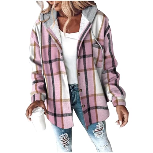 Image of Women's Hooded Flannel Shirt Jacket Fleece Sherpa Lined Plaid Shirts Button Down Fall Winter Coats with Hood Checked Shacket Lumberjack Autumn Outfits Outwear
