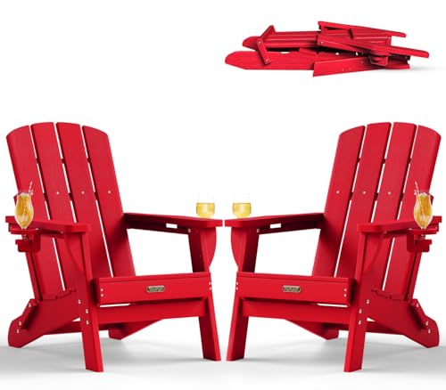 SUUNYN Folding Adirondack Chairs Set of 2, HDPE, 2 Cup Holders, Red