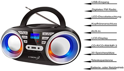 Tragbarer CD-Player | LED-Disco-Lichter | Boombox | CD/CD-R | USB | FM Radio | AUX-Eingang | Kopfhöreranschluss | 20 Speicherplätze | Kinderradio | CD-Radio | Kompaktanlage (Black/Sunny Silver)