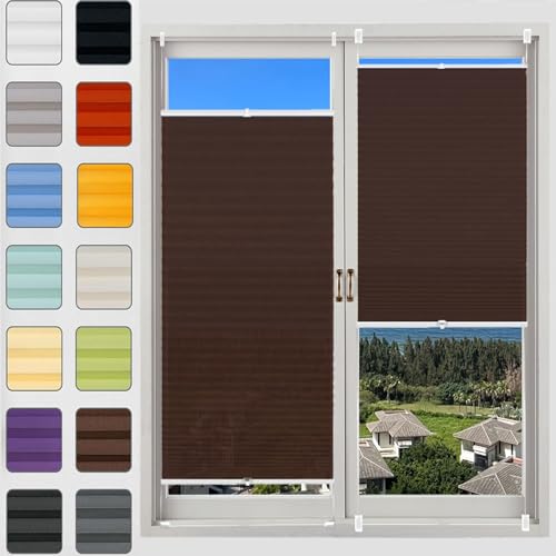 Plissee Klemmfix Ohne Bohren 45 x 110 cm, Klemmträger Befestigung klemmträger, Plissee klemmfix Rollo Fensterrollo, Thermo Plissee ohne Bohren, für Fenster & Tür, Braun