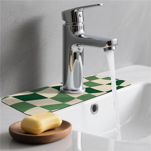 Kitchen Sink Splash Guard，Green-and cream checkered Faucet Mat Sink Gadgets-Super Absorbent Fast Drying Mat Drip Catcher for Kitchen, Bathroom,Sink Mat, Dish Drying Mat, Bathroom(15" X 5.5" ) by ZHUZHISHAN - Image 2